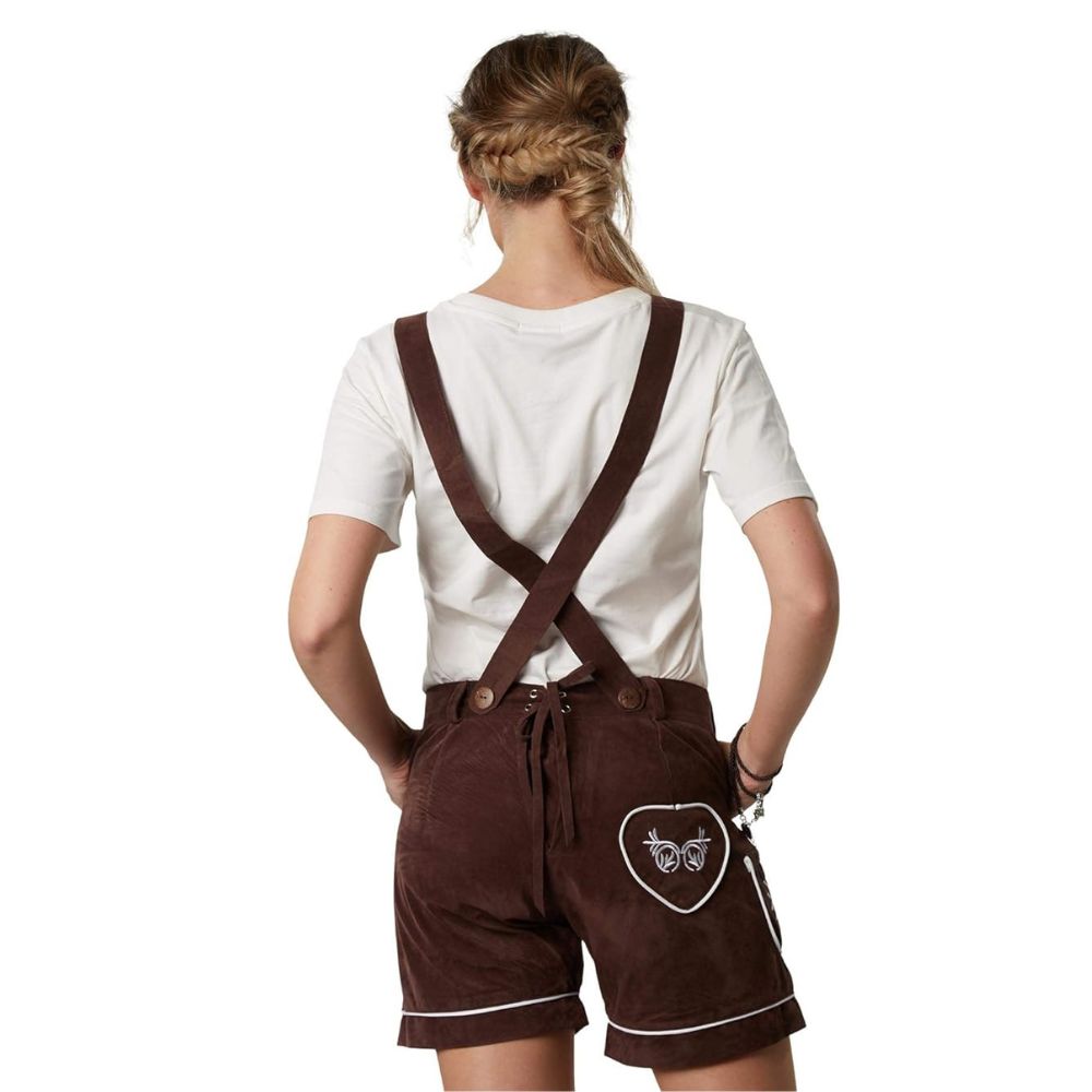 Authentic Bavarian women’s brown Lederhosen shorts with traditional detailing.