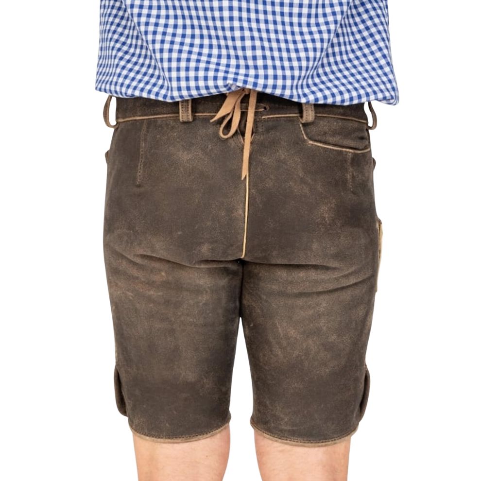 Men wearing German Lederhosen Trachten outfit at Oktoberfest festival.