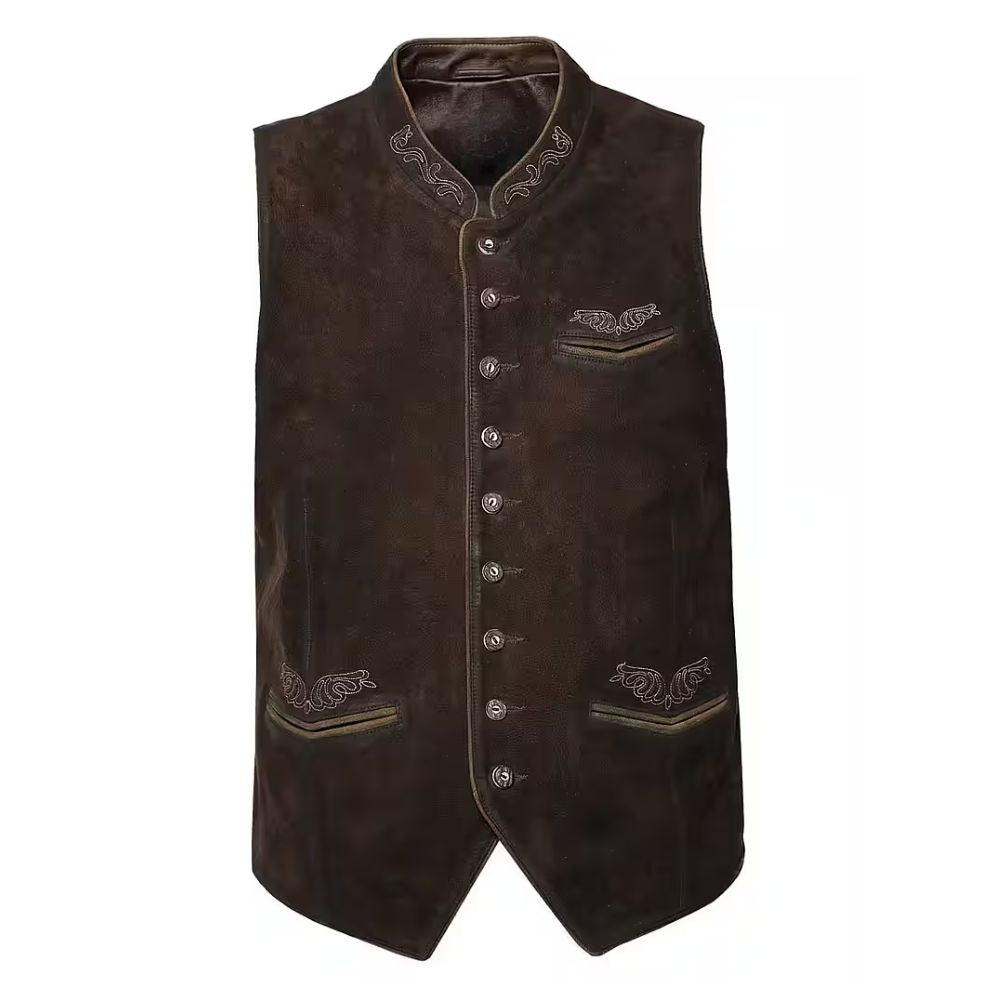 vintage suede Trachten vest with classic Bavarian design.