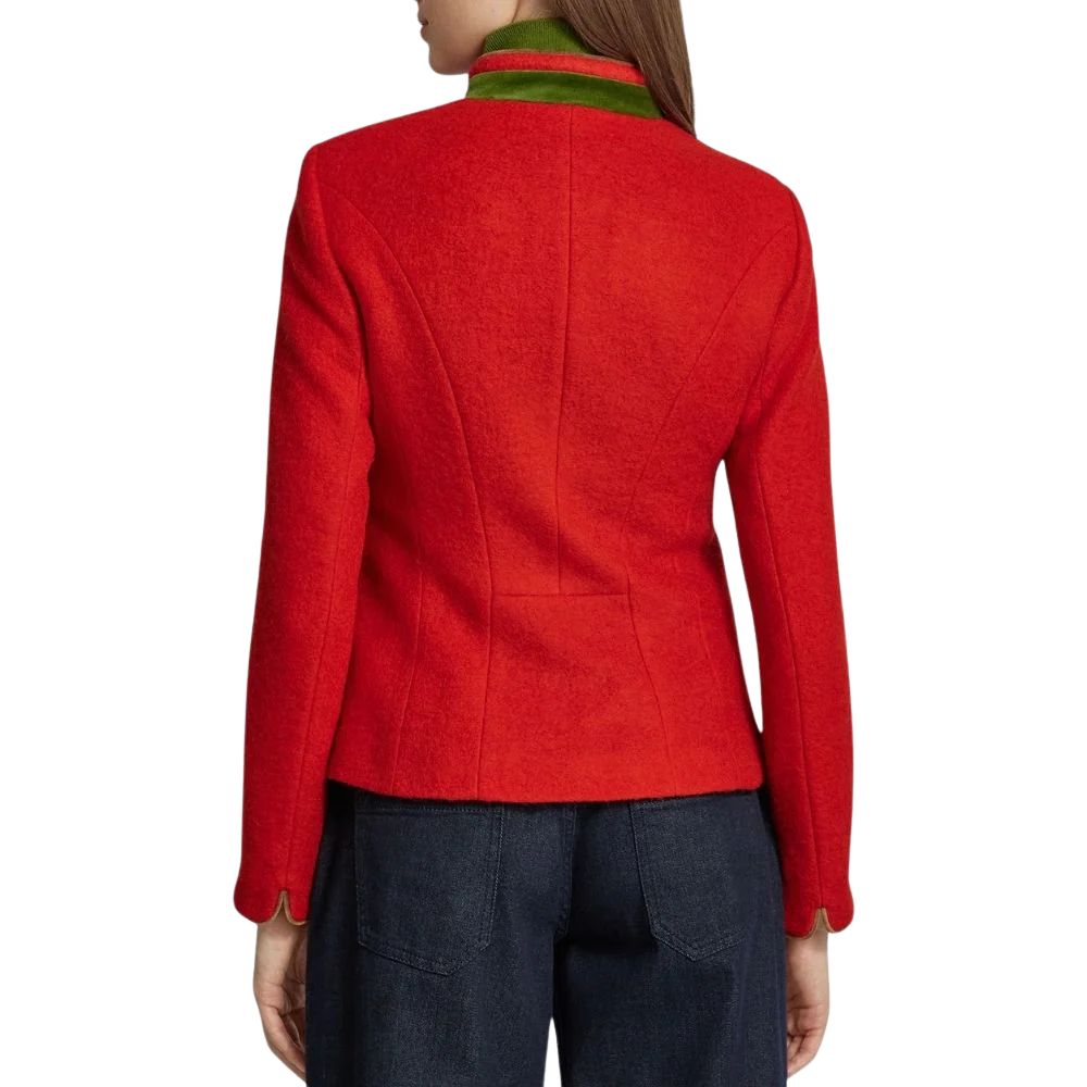 Traditional German Alpine women’s red Trachten jacket with classic design.
