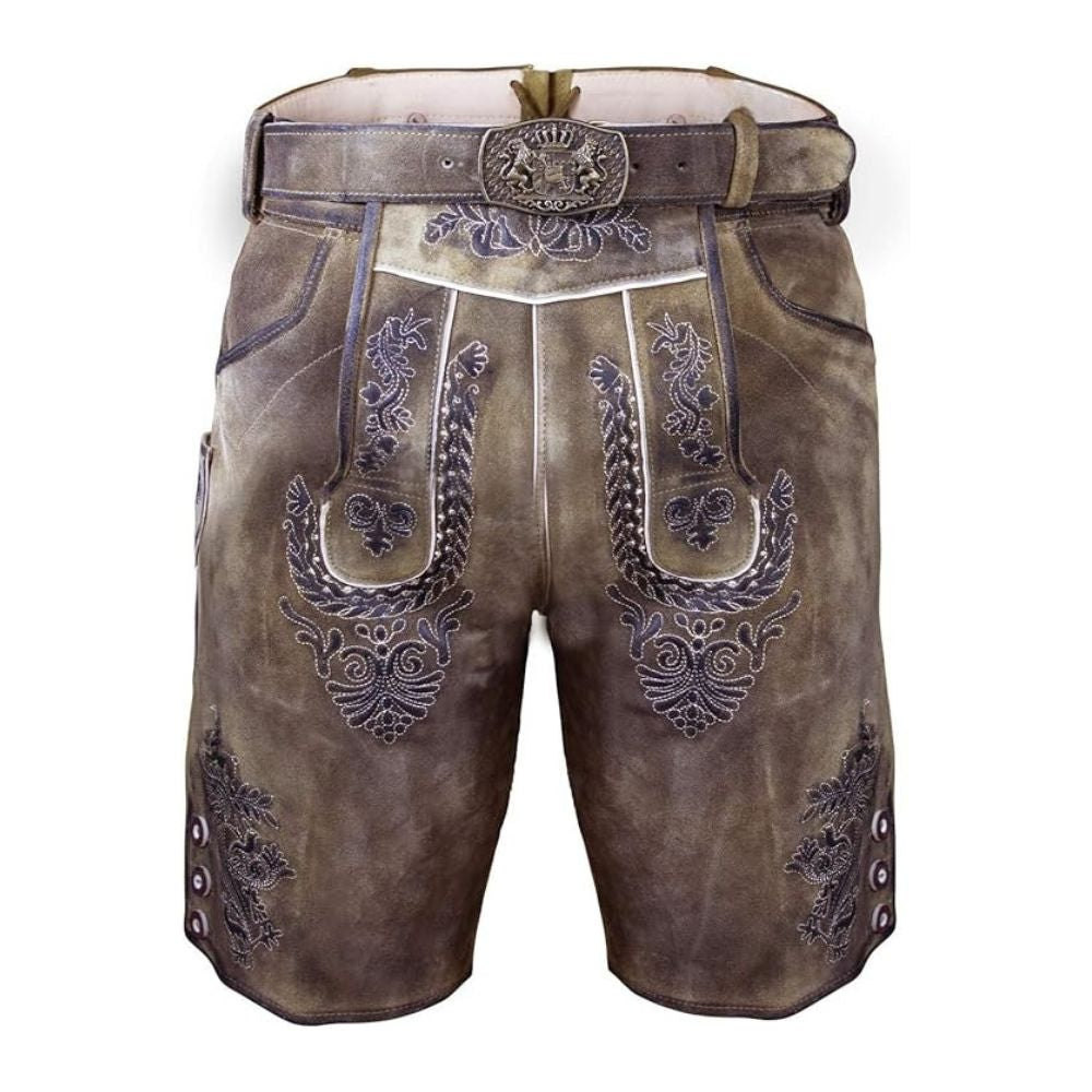 Premium brown Lederhosen for women in Alpine traditional wear style.