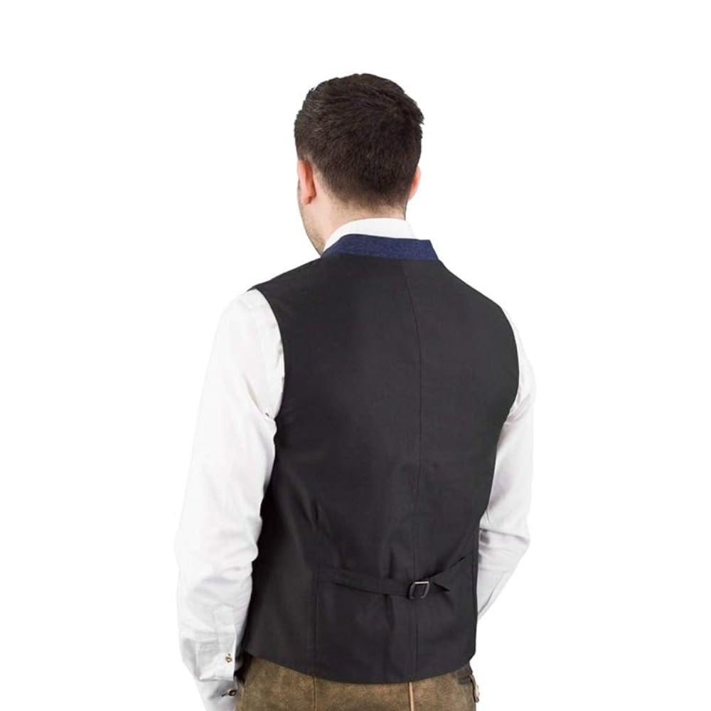 Traditional Bavarian blue wool Trachten vest with classic design.