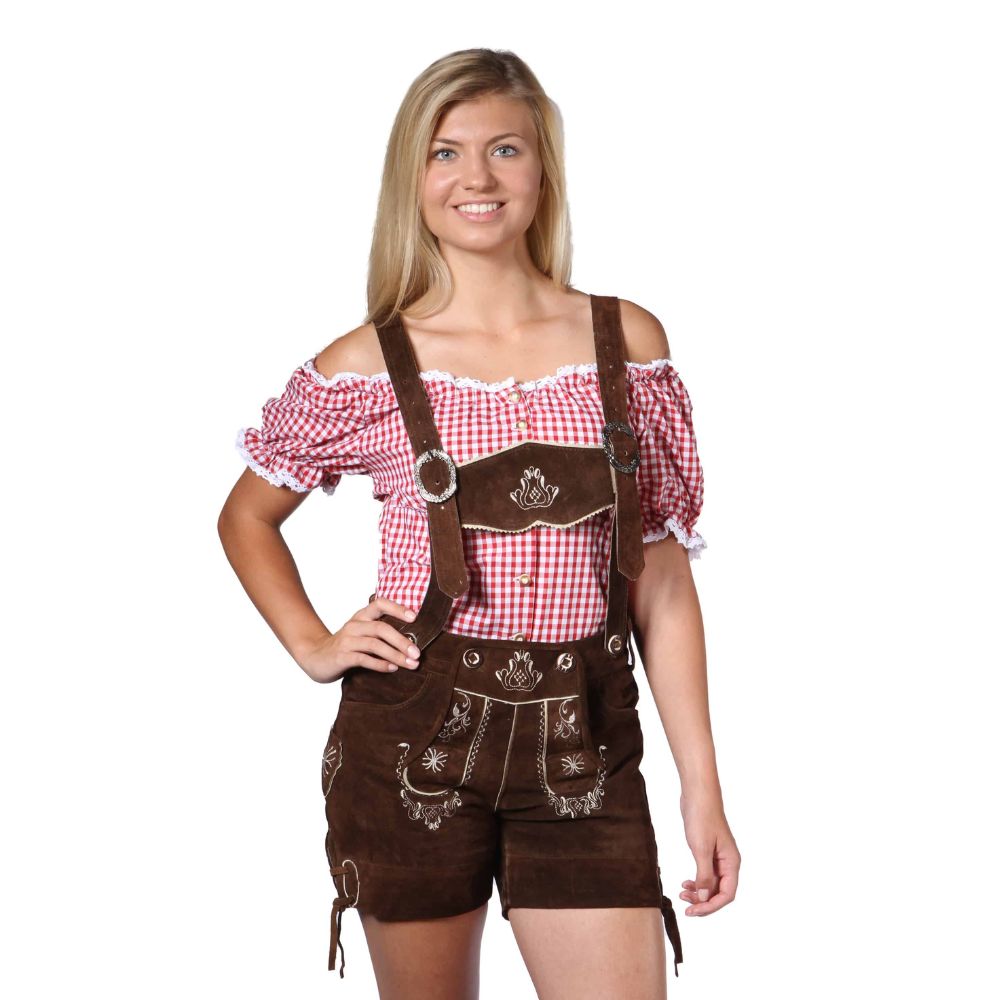 Bavarian Lederhosen for women in traditional German Oktoberfest outfit.