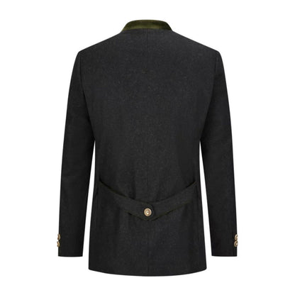 Front view of black wool Trachten coat with stand-up velvet collar.