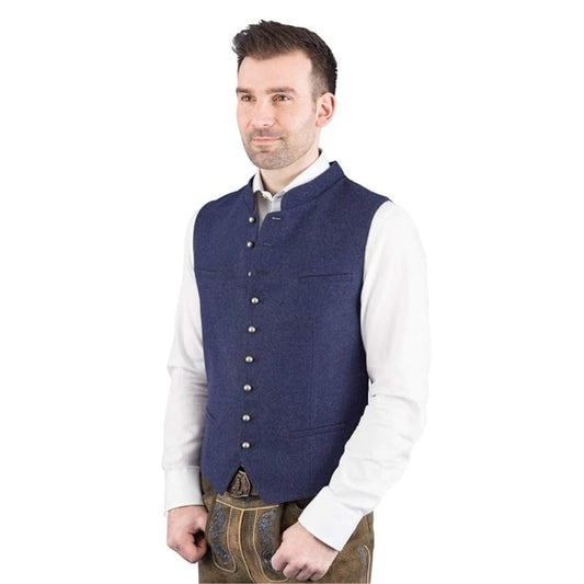 Blue wool Trachten vest in Bavarian Oktoberfest wear style.