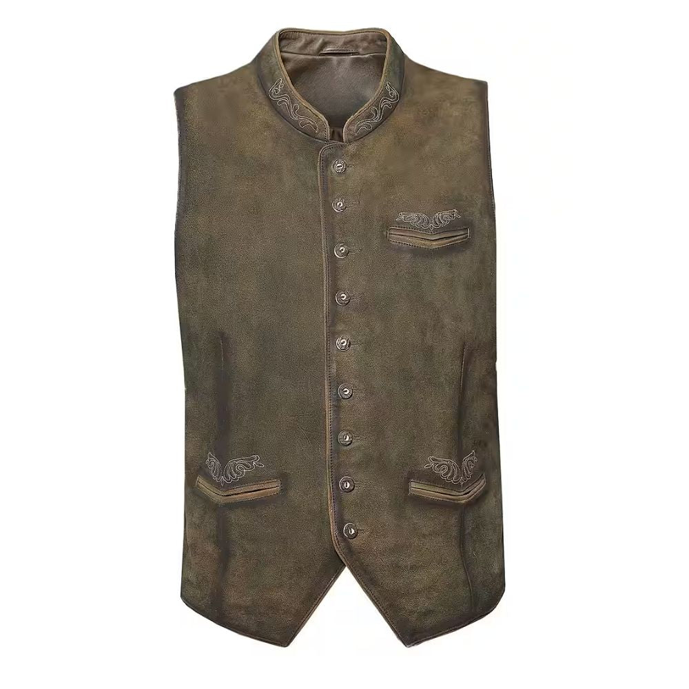 Brown suede leather Trachten vest in traditional Bavarian Oktoberfest style.
