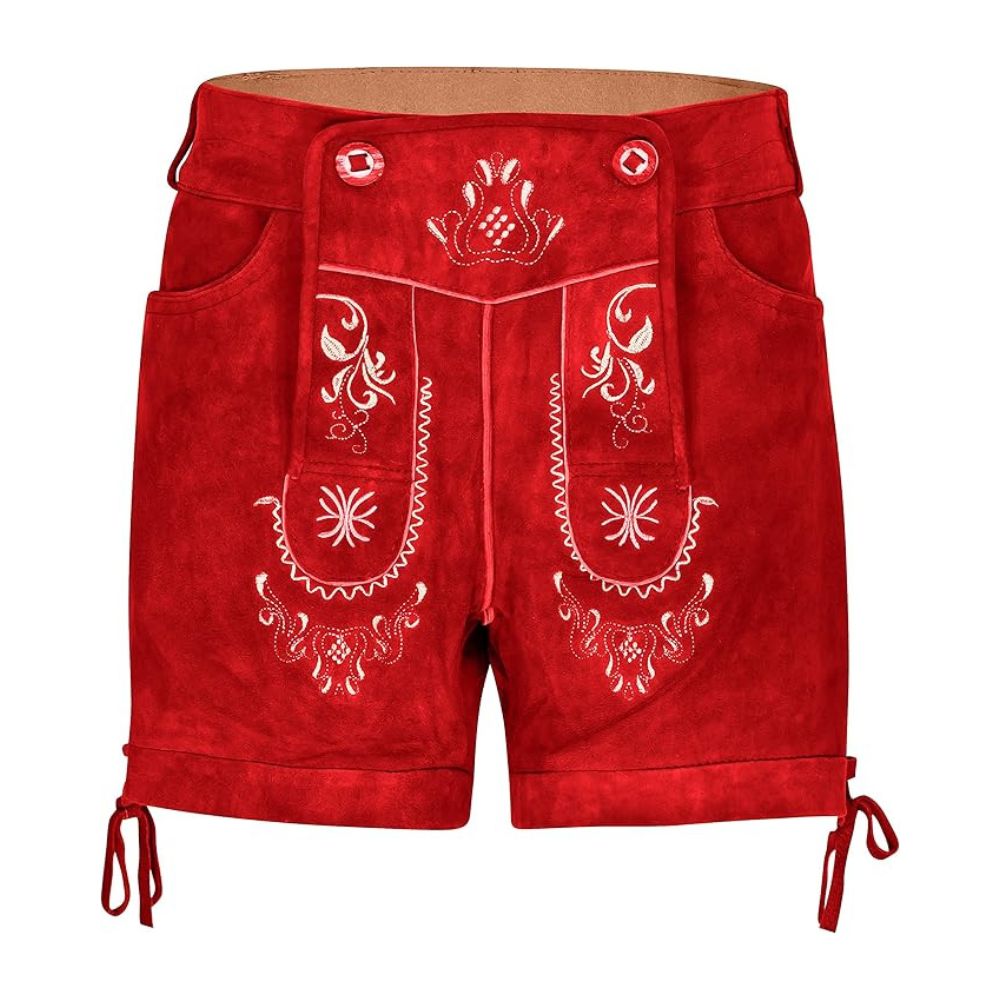 Classic red women’s Lederhosen in Bavarian festival wear style.