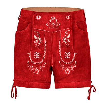 Classic red women’s Lederhosen in Bavarian festival wear style.