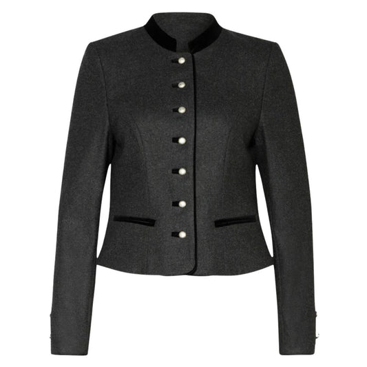 Grey wool Bavarian Trachten jacket in classic Oktoberfest outfit style.