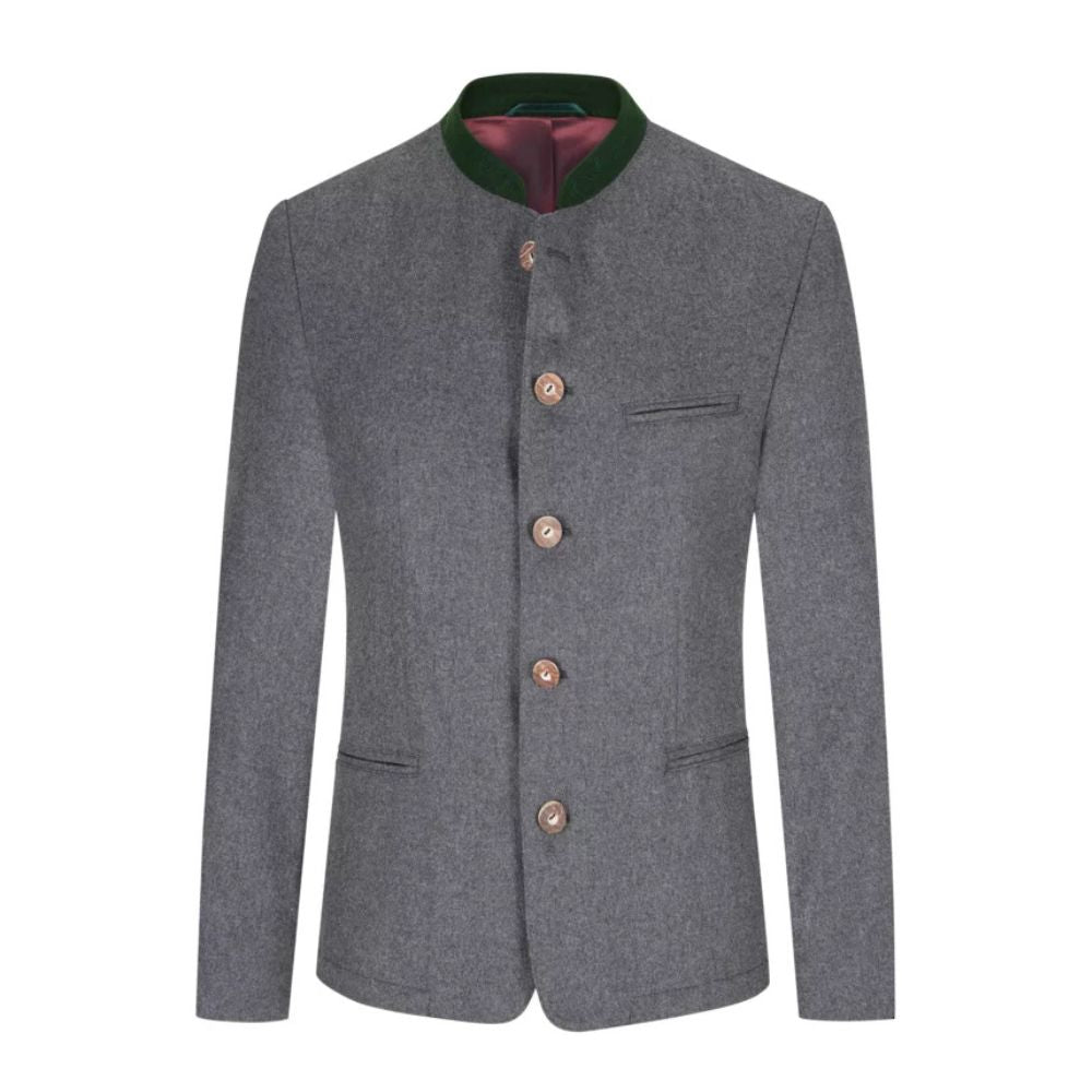 Grey wool Trachten jacket in traditional Bavarian Oktoberfest style.