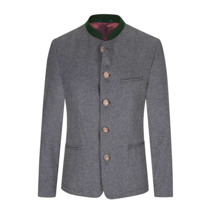 Grey wool Trachten jacket in traditional Bavarian Oktoberfest style.