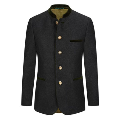 Premium black wool Oktoberfest Trachten coat with horn buttons and velvet piping.