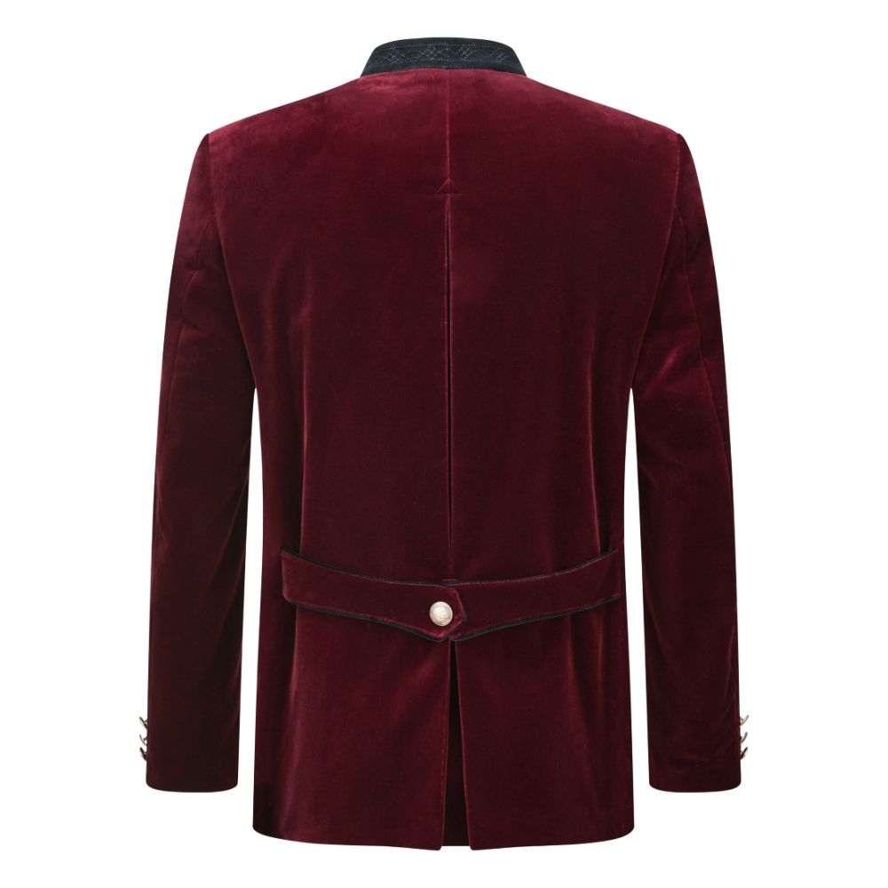 Traditional Bavarian red velvet Trachten jacket with classic design.