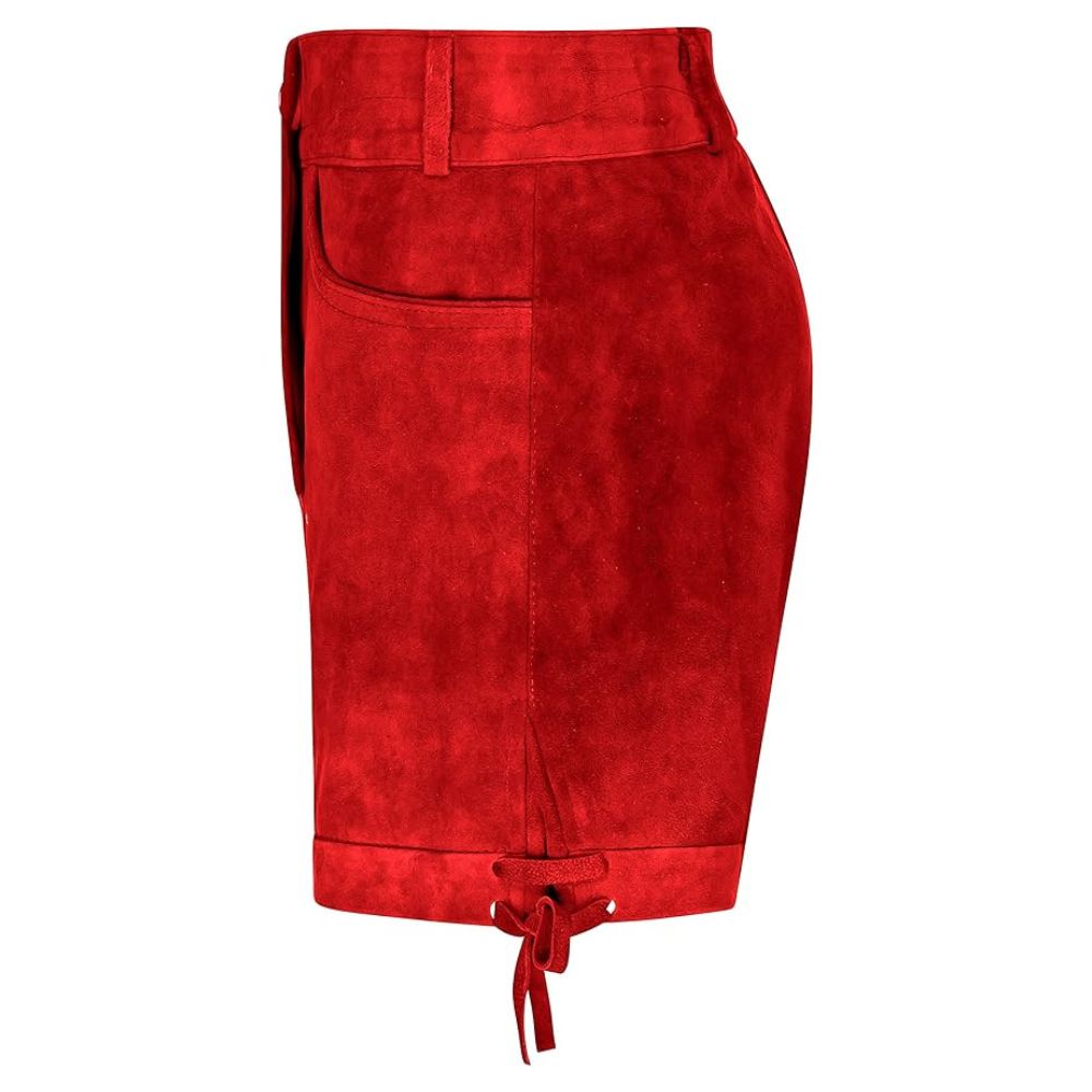 Traditional Bavarian women’s red Lederhosen with classic festival design.