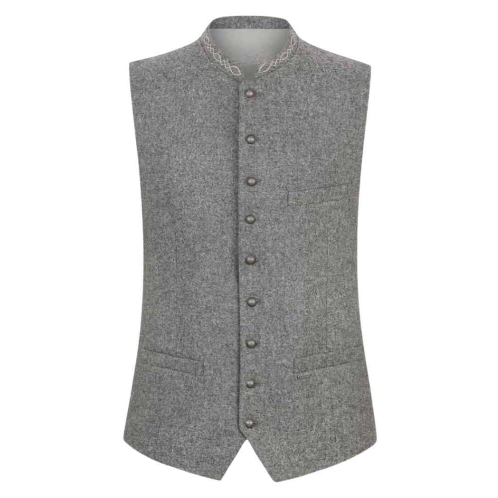 Traditional grey wool Trachten vest in Bavarian festival style.