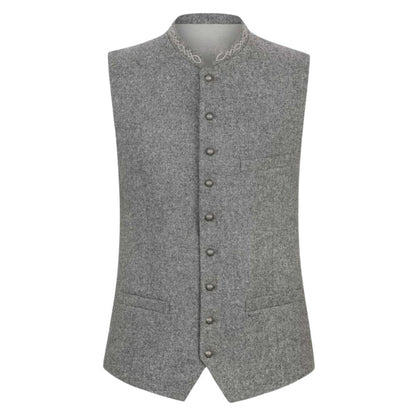 Traditional grey wool Trachten vest in Bavarian festival style.