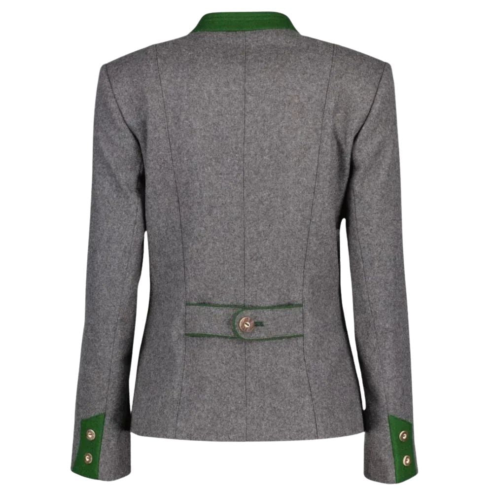 Women’s grey wool Bavarian jacket showing back profile and design.