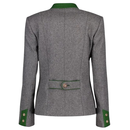 Women’s grey wool Bavarian jacket showing back profile and design.