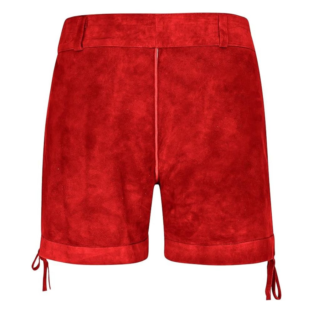 Woman wearing classic red Lederhosen at a Bavarian festival.