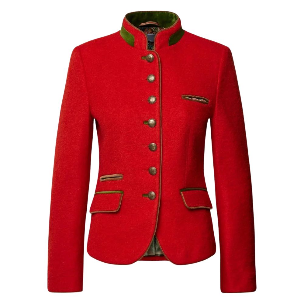 Women’s red Trachten jacket in authentic German Alpine style.